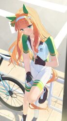  animal_ears bicycle black_footwear black_gloves blush bodysuit bottle cycling_uniform ear_covers female fingerless_gloves full-length_zipper gloves green_eyes hair_ornament hairband highres holding holding_bottle horse_ears horse_girl horse_tail long_hair long_sleeves looking_at_viewer ningen_gokko orange_hair silence_suzuka_(umamusume) sitting solo sportswear star_(symbol) star_hair_ornament tail umamusume white_bodysuit white_hairband zipper 