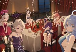  6+girls ako_(blue_archive) ako_(dress)_(blue_archive) alcohol aru_(blue_archive) aru_(dress)_(blue_archive) banquet black_dress blue_archive blue_dress blue_hair blush bottle breasts cake cake_slice candle candlestand cleavage commentary_request cookie cup demon_horns dress drinking_glass flat_chest food gmi_(jimmyovob) grey_hair halo haruka_(blue_archive) haruka_(dress)_(blue_archive) hina_(blue_archive) hina_(dress)_(blue_archive) horns indoors kayoko_(blue_archive) kayoko_(dress)_(blue_archive) large_breasts looking_at_viewer multiple_girls mutsuki_(blue_archive) mutsuki_(dress)_(blue_archive) official_alternate_costume on_chair pink_hair problem_solver_68_(blue_archive) purple_dress purple_hair red_dress sideboob sideless_dress sitting sleeveless sleeveless_dress small_breasts smile strapless strapless_dress teapot twitter_username wine wine_bottle wine_glass 