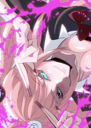  absurdres bear_hair_ornament black_choker black_shirt bow breasts choker cleavage closed_mouth commentary_request danganronpa:_trigger_happy_havoc danganronpa_(series) enoshima_junko female green_eyes hair_ornament highres huyumi77 large_breasts looking_at_viewer nail_polish pink_nails red_bow shiny_skin shirt shirt_bow sideways smile solo twintails 