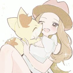  ;d affectionate alternate_costume blonde_hair blush bow eyelashes female fennekin happy hat holding holding_pokemon licking licking_another&#039;s_face long_hair majyo_(witch_poke) one_eye_closed open_mouth pokemon pokemon_(creature) pokemon_xy serena_(pokemon) shirt sleeveless sleeveless_shirt smile sparkle star_(symbol) teeth upper_teeth_only white_bow white_shirt 