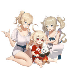  3girls :d ahoge alternate_costume barbara_(genshin_impact) bare_legs barefoot blonde_hair blue_bow blue_eyes blue_footwear bow breasts character_doll clover_print collarbone crossed_arms dress dress_bow drill_hair frilled_sleeves frills frying_pan full_body furrowed_brow genshin_impact hair_between_eyes head_tilt holding holding_another&#039;s_hair holding_frying_pan holding_spatula jean_(genshin_impact) klee_(genshin_impact) l-rex large_breasts lolicon long_hair looking_at_another looking_at_object medium_breasts multiple_girls naked_shirt open_mouth paimon_(genshin_impact) pointy_ears ponytail raised_eyebrows red_eyes red_shirt shirt sidelocks simple_background sitting sleeveless sleeveless_dress slippers smile spatula squatting teeth twin_drills twintails tying_hair upper_teeth_only wariza white_background white_dress white_shirt 