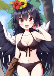  :d arm_cannon bikini black_bikini black_hair black_wings blush bow breasts brown_eyes cape collarbone commentary cowboy_shot day eyes_visible_through_hair female flower green_bow groin hair_between_eyes hair_flower hair_ornament hairbow hand_up highres long_hair looking_at_viewer medium_breasts navel open_mouth outdoors red_flower reiuji_utsuho ruu_(tksymkw) side-tie_bikini_bottom smile solo standing sunflower swimsuit touhou weapon white_cape wings yellow_flower 