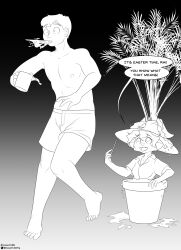  anthro clothed clothing container cup dialogue duo female halcy0n haley_baxter hat headgear headwear herpestid hi_res human male mammal meerkat monochrome mug nipples plant plant_pot potted_plant rai_(raichumorph4) shirt shorts_only spit-take surprise topless topless_male topwear 