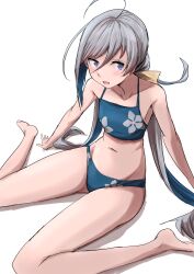  absurdres ahoge bikini blue_bikini female flat_chest grey_eyes grey_hair hair_between_eyes hair_bun highres kamaboko_senshi kantai_collection kiyoshimo_(kancolle) kiyoshimo_kai_ni_(kancolle) kiyoshimo_kai_ni_(swimsuit_mode)_(kancolle) long_hair low_twintails simple_background single_hair_bun sitting solo swimsuit twintails very_long_hair wariza white_background 