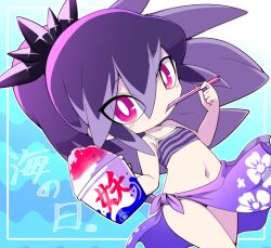  blush_stickers breasts dutch_angle female food high_ponytail hyakkihime long_hair looking_at_viewer multicolored_hair navel nollety pink_eyes purple_hair sarong shaved_ice small_breasts two-tone_hair wide_hips youkai_(youkai_watch) youkai_watch 