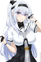  black_gloves black_headband bodysuit breasts chamumi_(mochiumee) female fuyutsuki_(kancolle) gloves grey_eyes grey_hair grey_neckerchief grey_shawl hachimaki hair_between_eyes half_gloves headband highres kantai_collection long_hair medium_breasts microskirt neckerchief one_side_up sailor_collar school_uniform serafuku shawl skirt solo white_background white_bodysuit white_hair white_headband white_neckerchief white_sailor_collar 