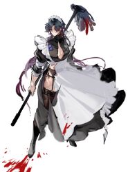  1boy after_battle apron black_footwear black_hair black_thighhighs blade_(honkai:_star_rail) blood blood_on_clothes blood_on_ground cleavage_cutout closed_mouth clothing_cutout crossdressing expressionless frilled_apron frills full_body garter_belt highres holding holding_mop honkai:_star_rail honkai_(series) long_hair long_skirt looking_down maid maid_headdress male_focus male_maid mop muscular muscular_male parted_bangs pectoral_cleavage pectorals red_eyes saber_beam scar scar_on_arm scar_on_leg shaded_face simple_background skirt sleeves_rolled_up solo standing thighhighs torn_apron torn_clothes torn_skirt white_background wind 