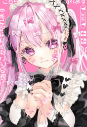  arrow_(symbol) bandaid bandaid_on_cheek bandaid_on_face bow boxcutter breasts cleavage closed_mouth dotted_line ear_bow ear_piercing earrings female hairbow heart heart_earrings highres hime_usausa holding holding_boxcutter jewelry jirai_kei large_breasts multiple_hair_bows original piercing pink_bandaid pink_bow pink_eyes pink_hair solo 