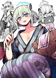  alcohol animal_ears bath_yukata blue_archive blue_halo blush bottle breasts bucket choko_(cup) cleavage collarbone cup female green_hair hair_between_eyes halo highres japanese_clothes kimono large_breasts looking_at_viewer official_alternate_costume open_mouth purple_eyes sakazuki sake sake_bottle shigure_(blue_archive) shigure_(hot_spring)_(blue_archive) short_hair smile solo tail tokkuri weasel_ears weasel_tail white_background wooden_bucket yukata zyugoya 