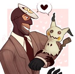  2016 astral-glass bald black_clothing black_gloves black_handwear clothing crossover duo generation_1_pokemon generation_7_pokemon gloved_hands gloves handwear heart_symbol human male mammal mimikyu necktie nintendo pikachu pokemon pokemon_(species) red_clothing red_mask red_necktie red_suit spy_(team_fortress_2) stubble suit team_fortress_2 valve 