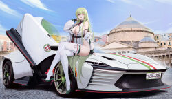  absurdres arm_strap azur_lane bare_shoulders belt black_gloves breasts car center_opening cleavage collared_leotard crossed_legs female ferrari ferrari_daytona_sp3 fingerless_gloves gloves green_footwear green_hair hand_up high_heels highleg highleg_leotard highres italy jacket kcar66t large_breasts leotard long_hair long_sleeves looking_at_viewer motor_vehicle naples napoli_(azur_lane) necktie off_shoulder open_clothes open_jacket open_mouth outdoors pelvic_curtain piazza_del_plebiscito puffy_long_sleeves puffy_sleeves race_queen real_world_location red_eyes scissor_doors shoe_dangle short_necktie sitting sitting_on_car sitting_on_hair smile solo sports_car thighhighs thighs unzipped very_long_hair white_jacket white_leotard white_thighhighs wide_shot wing_collar zipper 