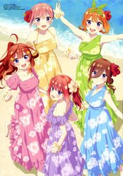  5girls absurdres ahoge bare_shoulders beach blue_dress blue_eyes breasts day dress floral_print flower go-toubun_no_hanayome green_dress green_ribbons hair_between_eyes hair_bun hair_flower hair_ornament hair_ribbon highres long_dress long_hair_between_eyes magazine_scan medium_breasts megami_magazine multiple_girls nakano_ichika nakano_itsuki nakano_miku nakano_nino nakano_yotsuba ocean official_art outdoors outstretched_arms pink_dress pink_hair ponytail print_dress purple_dress quintuplets red_hair ribbon sand scan shore short_hair siblings sisters smile spread_arms standing star_(symbol) star_hair_ornament yellow_dress 