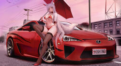  absurdres animal_ear_fluff animal_ears bikini breasts brown_thighhighs car cleavage closed_mouth expressionless facial_mark female fox_ears fox_girl fox_tail high_heels highres holding holding_umbrella kcar66t knee_up large_breasts lexus lexus_lfa long_hair long_sleeves looking_at_viewer motor_vehicle nail_polish navel original outdoors red_bikini red_car red_eyes red_footwear red_nails shrug_(clothing) sitting_on_car sitting_on_hair skindentation sleeves_rolled_up solo sports_car stomach string_bikini swimsuit tail thighhighs thighs umbrella very_long_hair white_hair white_shrug wide_shot wing_collar wrist_cuffs 