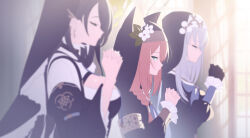  3girls animal_ear_headwear black_gloves black_hair blue_archive braid breasts closed_eyes commentary_request cross cross_earrings earrings gloves grey_hair habit halo hinata_(blue_archive) interlocked_fingers jewelry kaerunrun large_breasts logo long_sleeves looking_at_viewer mari_(blue_archive) multiple_girls nun orange_hair own_hands_together palms_together praying profile sakurako_(blue_archive) sideways_glance solo_focus upper_body 