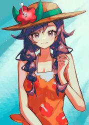  absurdres asatte_3z bare_arms black_hair blush breasts brown_hat cleavage closed_mouth commentary female floral_print flower green_ribbons hand_up hat hat_flower hat_ribbon highres long_hair looking_at_viewer orange_shirt pokemon pokemon_usum red_flower ribbon selene_(pokemon) shirt sleeveless small_breasts smile solo straw_hat upper_body 