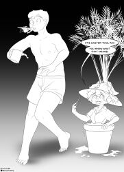  anthro clothed clothing container cup dialogue duo female halcy0n haley_baxter hat headgear headwear herpestid hi_res human male mammal meerkat monochrome mug nipples plant plant_pot potted_plant rai_(raichumorph4) shirt shorts_only spit-take surprise topless topless_male topwear 