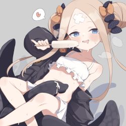  abigail_williams_(fate) bandaid bandaid_on_face bandaid_on_forehead bare_shoulders bikini black_bow black_jacket blonde_hair blue_eyes blush bow breasts crossed_bandaids double_bun fate/grand_order fate_(series) female food forehead gamuo hair_bun hairbow jacket long_hair long_sleeves looking_at_viewer off_shoulder open_mouth orange_bow parted_bangs popsicle sidelocks small_breasts smile solo swimsuit tentacle white_bikini 