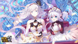  2girls :d aircraft bare_shoulders benghuai_xueyuan black_hair blue_eyes breasts cecilia_schariac closed_mouth copyright_name cup detached_sleeves dress elbow_gloves ferris_wheel floating_hair flower gloves hair_flower hair_ornament highres holding holding_cup holding_plate holding_teapot honkai_(series) hot_air_balloon logo long_hair long_sleeves looking_at_viewer multiple_girls nun official_art open_mouth plate riding roller_coaster second-party_source sitting smile tea teacup teapot theresa_apocalypse theresa_apokalypse white_dress white_flower white_gloves white_hair 