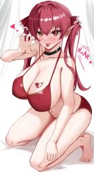  :p absurdres bare_arms bare_shoulders barefoot bikini black_choker blush breast_tattoo breasts choker claw_pose cleavage closed_mouth collarbone commentary_request female hair_between_eyes hair_ribbon heart heart_tattoo heterochromia highres hololive houshou_marine houshou_marine_(summer) huge_breasts kneeling long_hair looking_at_viewer navel red_bikini red_eyes red_hair red_ribbon ribbon smile sohachi solo stomach swimsuit tattoo thighs toes tongue tongue_out twintails virtual_youtuber yellow_eyes 