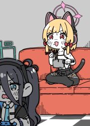  2girls :3 animal_ear_headphones animal_ears aris_(blue_archive) black_hair black_skirt black_thighhighs blonde_hair blue_archive blue_eyes blue_necktie blush camisole cat_ear_headphones cat_tail checkered_floor chopsticks colored_skin commentary_request controller couch fake_animal_ears flat_chest food game_controller ganbarutoufu hair_between_eyes halo headphones highres holding holding_chopsticks holding_controller holding_cooking_pot holding_game_controller indian_style indoors joy-con long_bangs long_hair looking_ahead momoi_(blue_archive) multiple_girls necktie no_jacket no_shoes noodles on_couch on_floor one_side_up open_mouth playing_games pleated_skirt ramen red_eyes shirt short_hair sitting skirt sweat tail thighhighs v-shaped_eyebrows watching white_camisole white_shirt white_skin 