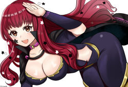  :d ass bent_over bodysuit breasts choker cleavage female fire_emblem fire_emblem_engage large_breasts long_hair looking_at_viewer open_mouth otokajife pink_choker purple_bodysuit red_hair simple_background smile solo thighs very_long_hair white_background yunaka_(fire_emblem) 