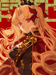  black_dress blonde_hair bow breasts cape detached_collar dress earrings ereshkigal_(fate) fate/grand_order fate_(series) female flprayer gold_trim hairbow highres hood hooded_cape jewelry long_hair looking_at_viewer medium_breasts parted_bangs red_eyes skull_ornament smile solo tiara two_side_up 