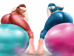  2girls ahoge ass back ball bare_shoulders barefoot blue_hair blue_pants blue_sports_bra blush breasts brown_hair collarbone contrast delia_ketchum easonx exercise_ball facing_away feet from_behind from_below lana&#039;s_mother_(pokemon) large_breasts leaning_forward legs long_hair mature_female median_furrow multiple_girls pants pokemon pokemon_(anime) pokemon_sm_(anime) ponytail red_pants red_sports_bra signature sitting_on_ball soles sports_bra steaming_body sweat sweaty_clothes thick_thighs thighs tiptoes toes yoga_pants 