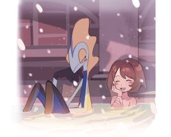  :d bathing blush_stickers brown_hair closed_eyes collarbone commentary female gloria_(pokemon) happy highres inteleon nude open_mouth partially_underwater_shot pillarboxed pokemon pokemon_(creature) pokemon_swsh short_hair smile snowing suikaels symbol-only_commentary water wet 