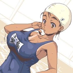  adjusting_clothes adjusting_swimsuit blue_one-piece_swimsuit breasts cleavage collarbone dark-skinned_female dark_skin dutch_angle female jaggy_lines large_breasts looking_down lowres oekaki one-piece_swimsuit open_mouth original sanemichi_hajime school_swimsuit solo swim_cap swimsuit tan tanlines water wet 