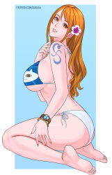  bangle bare_legs bare_shoulders barefoot bikini blue_bikini border bracelet breasts brown_hair earrings feet female flower from_side full_body gold_earrings hair_flower hair_ornament halterneck highres jewelry large_breasts light_blush log_pose long_hair looking_at_viewer looking_to_the_side nail_polish nami_(one_piece) official_alternate_costume one_piece one_piece_film:_gold orange_hair orange_nails outside_border paid_reward_available parted_lips patreon_username pearl_earrings pink_lips shoulder_tattoo side-tie_bikini_bottom sitting smile soles solo swimsuit tattoo toes two-tone_bikini uukkaa wariza wavy_hair white_bikini white_border 