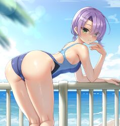  ass beach blue_one-piece_swimsuit blue_sky cafe_stella_to_shinigami_no_chou cloud commentary_request competition_swimsuit day feet_out_of_frame green_eyes hair_ornament hair_over_one_eye hairpin highleg highleg_one-piece_swimsuit highres hiuchidani_mei horizon long_bangs looking_at_viewer looking_back low_twintails multicolored_clothes multicolored_swimsuit multiple_hairpins ncontrail_(mgax7527) ocean one-piece_swimsuit outdoors parted_bangs parted_lips purple_hair sky swimsuit twintails 