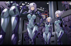  4girls :d armored_bodysuit ass blue_bodysuit blue_eyes bodysuit breasts commentary_request covered_navel covered_nipples fortified_suit grin hand_on_own_hip hangar headgear impossible_bodysuit impossible_clothes kurione_(zassou) large_breasts long_hair mecha medium_breasts mole mole_under_mouth multicolored_bodysuit multicolored_clothes multiple_girls muv-luv muv-luv_alternative muv-luv_total_eclipse original purple_bodysuit purple_hair robot shiny_clothes skin_tight smile standing su-37_terminator_(muv-luv) two-tone_bodysuit 