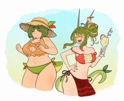  2girls absurdres apple apple_hair_ornament apple_juice appletun aunt bikini blush breasts brown_horns cleavage_cutout closed_eyes clothing_cutout commentary cup doodlelotl drinking_straw english_commentary food food-themed_clothes food-themed_hair_ornament freckles fruit green_hair green_nails green_tail hair_ornament hand_on_own_hip hat highres holding holding_cup horns hydrapple juice large_breasts mature_female medium_breasts mismatched_bikini multicolored_hair multiple_girls personification pie pokemon short_hair side-tie_bikini_bottom simple_background smile straw_hat sweat swimsuit teeth thighs 