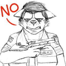  1:1 2018 angry army black_and_white canid canine clothed clothing dialogue english_text female fox gun handgun hi_res humor komododad mammal military monochrome peggy_patterson pistol ranged_weapon reaction_image simple_background soldier solo text text_on_clothing text_on_topwear topwear tumblr_ask uniform warrior weapon 