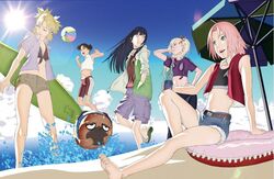  ball barefoot beach beachball black_hair blonde_hair blue_sky denim denim_shorts double_bun double_buns hime_cut hood hoodie hyuuga_hinata ino_yamanaka jumping lens_flare midriff multiple_girls naruto naruto_shippuuden navel official_art pakkun pink_hair ponytail quad_tails sakura_haruno sand sandals short_hair shorts sky surfboard swimsuit temari tenten umbrella water 