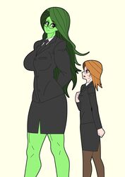  blush breasts formal franschesco glasses height_difference highres jennifer_walters large_breasts long_hair marvel multiple_girls muscle muscular_female pantyhose she-hulk small_breasts suit 