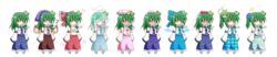  alternate_hair_color aqua_hair blush bow circle cirno cirno_(cosplay) commentary_request cosplay crescent detached_sleeves expressive_clothes female flower frog_hair_ornament full_body green_hair hair_flower hair_ornament hairbow hakurei_reimu hakurei_reimu_(cosplay) hata_no_kokoro hata_no_kokoro_(cosplay) head_scarf highres hitodama izayoi_sakuya izayoi_sakuya_(cosplay) kochiya_sanae long_hair maid_headdress mask multicolored_hair musical_note mystia_lorelei mystia_lorelei_(cosplay) no_shirt okamisty open_mouth osashin_(osada) patchouli_knowledge patchouli_knowledge_(cosplay) plaid plaid_skirt ponytail sarashi sidelocks skirt sleeves_past_wrists smile snake_hair_ornament star_(symbol) tongue tongue_out touhou transparent_background triangle veil white_hair wide_image wings yellow_eyes yukkuri_shiteitte_ne 