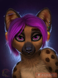  2018 anthro black_nose brown_body brown_fur conditional_dnp delkon detailed digital_media_(artwork) ear_piercing evelynne eyebrows eyelashes female fur ghostwolf hair hyena looking_at_viewer mammal piercing purple_eyes purple_hair simple_background smile solo spotted_hyena 