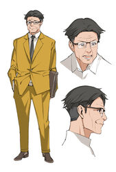  1boy belt black_eyes black_hair black_necktie briefcase carrying carrying_under_arm closed_mouth collared_shirt commentary_request doraemon formal glasses hand_in_pocket jacket legs_apart looking_at_viewer male_focus multiple_views necktie open_mouth pants photoshop_(medium) popqn profile rimless_eyewear sensei_(doraemon) shirt sideburns simple_background smile standing suit tokimeki_memorial tokimeki_memorial_girl&#039;s_side white_background white_shirt wrinkled_skin yellow_jacket yellow_pants 