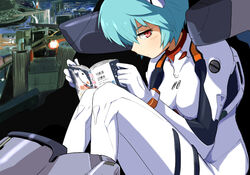  ayanami_rei blue_hair bodysuit city commentary_request entry_plug female hairpods interface_headset maabou neon_genesis_evangelion plugsuit reading red_eyes short_hair solo white_bodysuit 