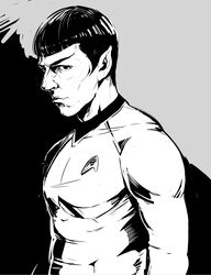  1boy alien chuuseishi-kun commentary_request emblem greyscale highres insignia leonard_nimoy male_focus monochrome pointy_ears science_fiction solo spock star_trek star_trek_the_original_series starfleet_uniform uniform vulcan 