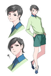  1boy black_hair closed_mouth commentary_request dekisugi_hidetoshi doraemon frown green_shirt green_shorts hands_in_pockets leg_up looking_at_viewer male_focus multiple_views photoshop_(medium) popqn shirt shoes short_hair shorts simple_background smile swept_bangs tokimeki_memorial tokimeki_memorial_girl&#039;s_side translated white_background 