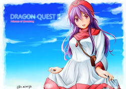  breasts commentary_request curly_hair dragon_quest dragon_quest_ii dress female highres hood long_hair long_sleeves looking_at_viewer medium_breasts mizuya_chiharu princess_of_moonbrook purple_hair robe skirt_hold smile solo standing white_dress white_robe 