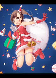  bad_id bad_pixiv_id bare_shoulders blush boots breasts brown_eyes brown_hair cake chika_(orange_pop) dress female fishnet_thighhighs fishnets food futami_mami gift gloves hat idolmaster idolmaster_(classic) jumping looking_at_viewer open_mouth red_gloves sack santa_costume santa_hat short_hair side_ponytail small_breasts smile solo thigh_strap thighhighs 