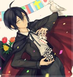  1boy ahoge alternate_costume bird black_hair black_jacket black_ribbon cape card closed_mouth commentary_request confetti danganronpa_(series) danganronpa_v3:_killing_harmony dove flag flags_of_all_nations flower grey_pants holding holding_card italian_flag jacket japanese_flag long_sleeves magician male_focus open_clothes open_jacket orange_flower pants peruvian_flag red_flower ribbon russian_flag saihara_shuichi short_hair signature smile solo string_of_flags swedish_flag toohoku twitter_username yellow_eyes yellow_flower 