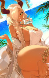  absurdres ass azur_lane beach blonde_hair braid breasts brown_horns cleavage dark-skinned_female dark_skin day dutch_angle feet female hair_over_one_eye highres holding horn_ornament horns huge_breasts large_horns long_hair looking_at_viewer low_twin_braids mole mole_under_mouth ocean official_alternate_costume one-piece_swimsuit outdoors owari_(azur_lane) owari_(shimmering_forsythia)_(azur_lane) sand smile solo summer swimsuit twin_braids very_long_hair water white_one-piece_swimsuit yellow_eyes yun-yang 