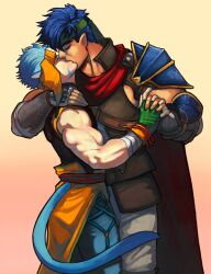  2boys absurdres animal_ears arm_around_shoulder armor bara biceps blue_hair cape cat_boy cat_ears closed_eyes commentary commission couple english_commentary fingerless_gloves fire_emblem fire_emblem:_radiant_dawn gloves green_headband headband highres ike_(fire_emblem) interlocked_fingers kissing laguz_(fire_emblem) male_focus multiple_boys muscular muscular_male orvaen pauldrons ranulf_(fire_emblem) red_cape short_hair shoulder_armor single_pauldron sleeveless tail yaoi 