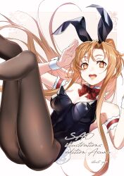  absurdres animal_ears armpits asuna_(sao) bare_shoulders black_leotard black_pantyhose bow bowtie brown_eyes brown_hair detached_collar fake_animal_ears fake_tail female highres leotard long_hair looking_at_viewer open_mouth pantyhose playboy_bunny rabbit_ears rabbit_tail strapless strapless_leotard sword_art_online tail wrist_cuffs yoru_kiri 