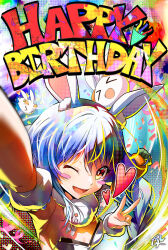  ;d animal_ears arm_up armpits black_leotard blue_hair blush_stickers braid breasts carrot_hair_ornament detached_sleeves dress fake_animal_ears female food-themed_hair_ornament hair_between_eyes hair_ornament happy_birthday highres hololive leotard leotard_under_clothes long_hair looking_at_viewer making-of_available maru-chan_niko mixed-language_commentary multicolored_hair one_eye_closed open_mouth orange_eyes outstretched_arm paid_reward_available pekomon_(usada_pekora) puffy_detached_sleeves puffy_short_sleeves puffy_sleeves rabbit-shaped_pupils rabbit_ears selfie short_eyebrows short_sleeves small_breasts smile solo strapless strapless_dress strapless_leotard symbol-shaped_pupils thick_eyebrows twin_braids twintails two-tone_hair upper_body usada_pekora usada_pekora_(1st_costume) v virtual_youtuber white_dress white_hair white_sleeves 