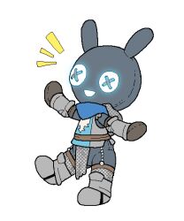  ambiguous_gender anthro armor black_body boots button_(fastener) button_eyes chainmail clothing female_(lore) footwear gloves glowing glowing_eyes glowing_mouth handwear on_one_leg plushie plushie_(tosx) scarf shoes solo standing tosx 